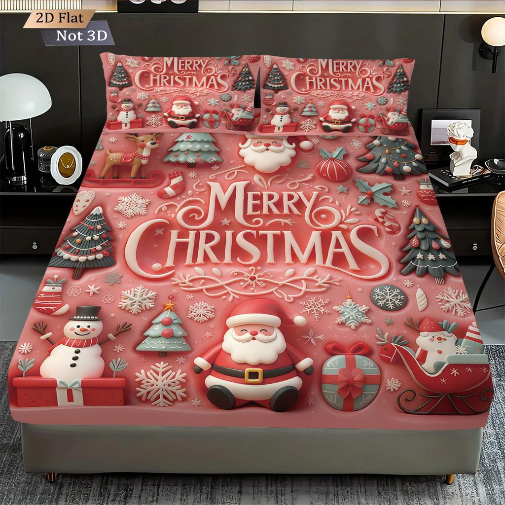 3pcs imitation relief pink Santa Claus print coreless bed sheet set multiple size bed cover bedroom bedding decoration