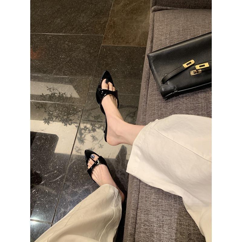 Sheepskin elegant pointed head with open toe height increase leopard print fine heels cool slippers women's summer wear