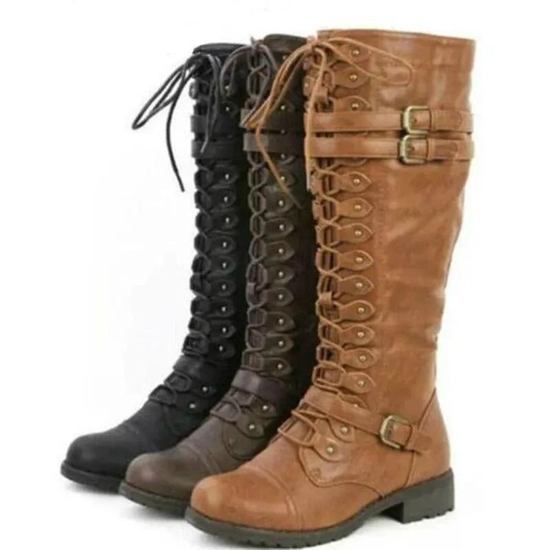 Fashion Women Knee High Boots Autumn Winter Lace Up Flat Shoes Sexy Steampunk PU Retro Buckle Women Shoes Ladies Snow Boots Yui8