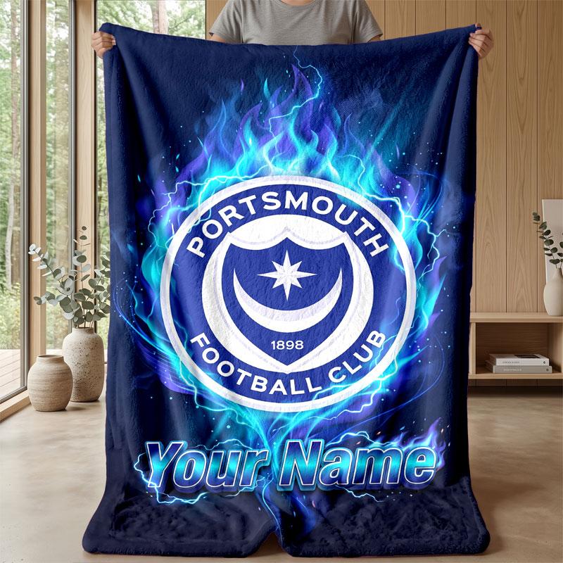 Portsmouth FC Custom Name Text Flannel Blanket Soccer Logo Personalized Fleece Throw Blanket Special Gift For Sofa Bedroom Home