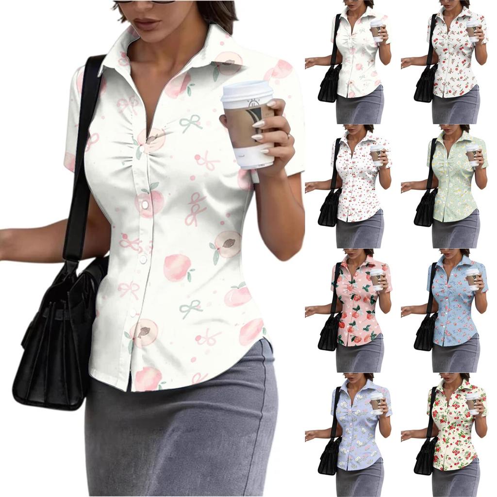 Women Short Sleeve Button Down Shirt Slim Fit Collared Blouse Lightweight Casual Workwear Top for Summer