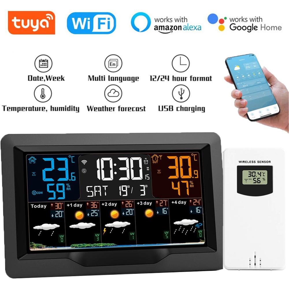 Tuya WiFi Smart Weather Station High Precision Indoor Outdoor Temp Humidity Meter Weather Forecast Multifunctional Alarm Clock