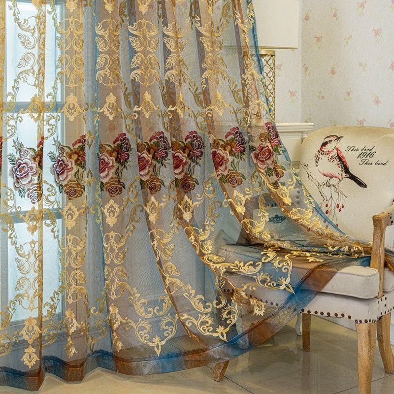 Elegant Floral Sheer Curtains | Vintage Style Translucent Polyester Drapes with Golden Accents | for Living Room or Bedroom