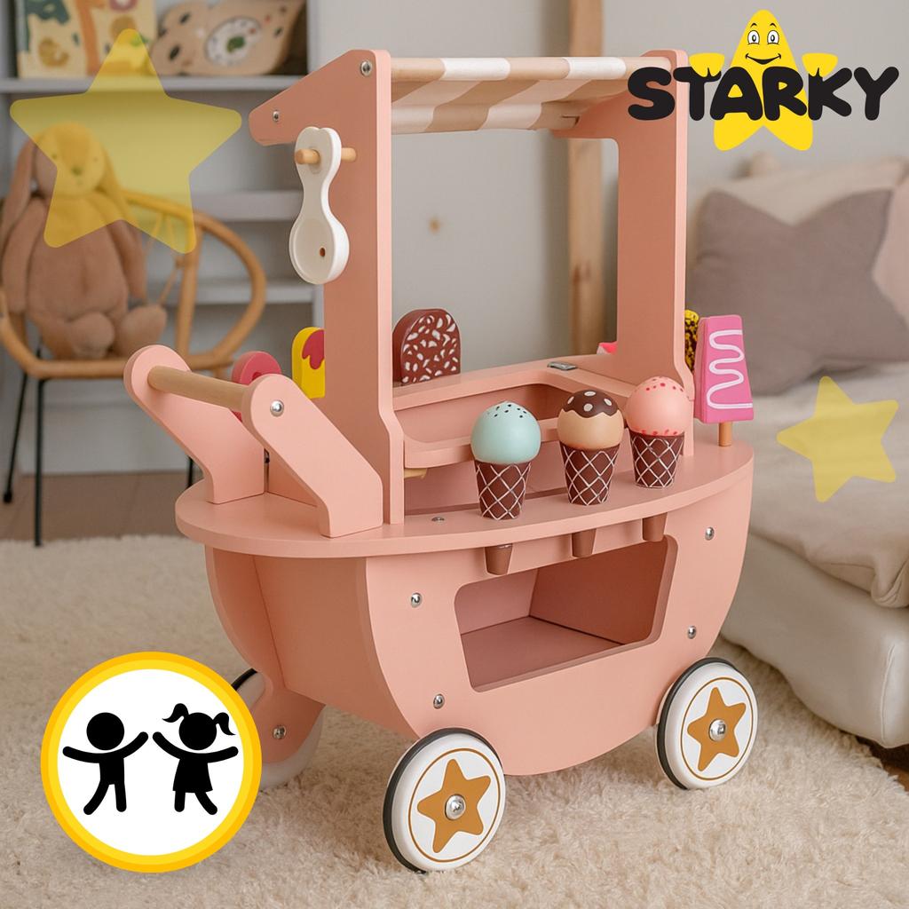 Wooden ice cream shop for children, toy, trolley on wheels, ice cream scoops, sticks