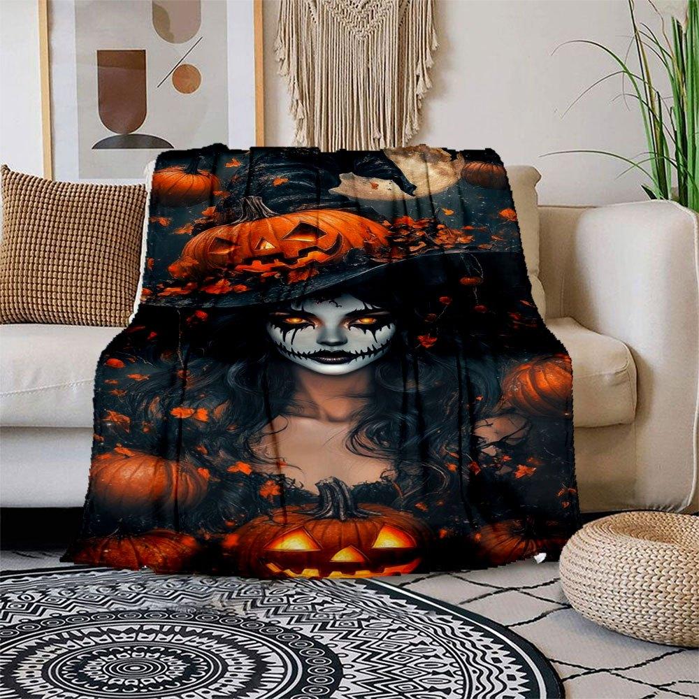 "Halloween Witch Costume with Jack-o'-Lantern Hat"Blanket Flannel Throw Blanket for Sofa, Bed, Travel, Camping, Office