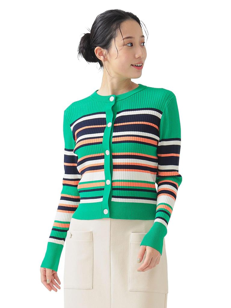 B:MING LIFE STORE by BEAMS Women's Large/Small Knit Multi-Border Cardigan, Green, One Size