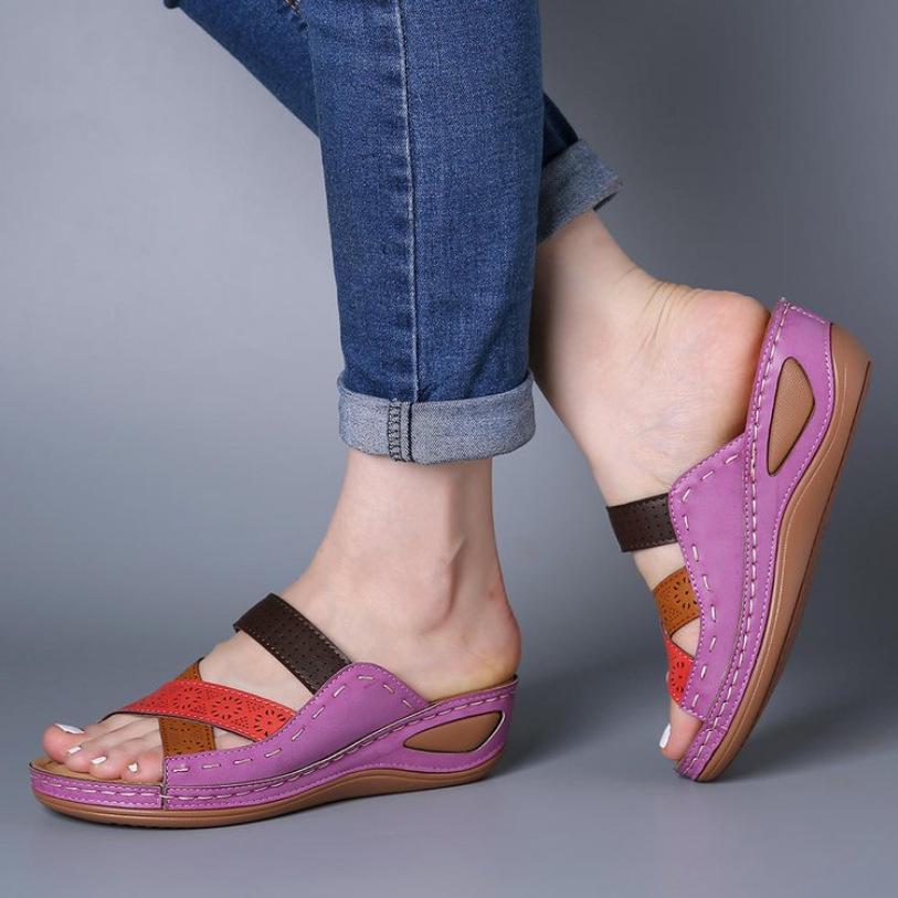 2025 Summer Women's Wedge Sandals: European & American Style, Color Block, One-Strap Design, In Stock