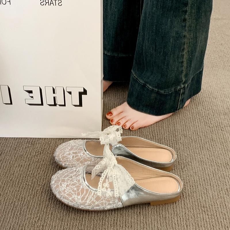 Baotou Half Slippers Women's Outer Wear 2025 Spring and Summer New Low-heeled Lace Bow Mary Jane Cool Slippers