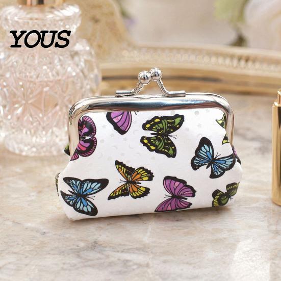 Travel Small Storage Pouch Women Coin Purse, Vintage PU Leather Change Butterfly Cute Bag Kiss Lock Pouch, Pocket-Sized, Mini Purse for Durable Wallet