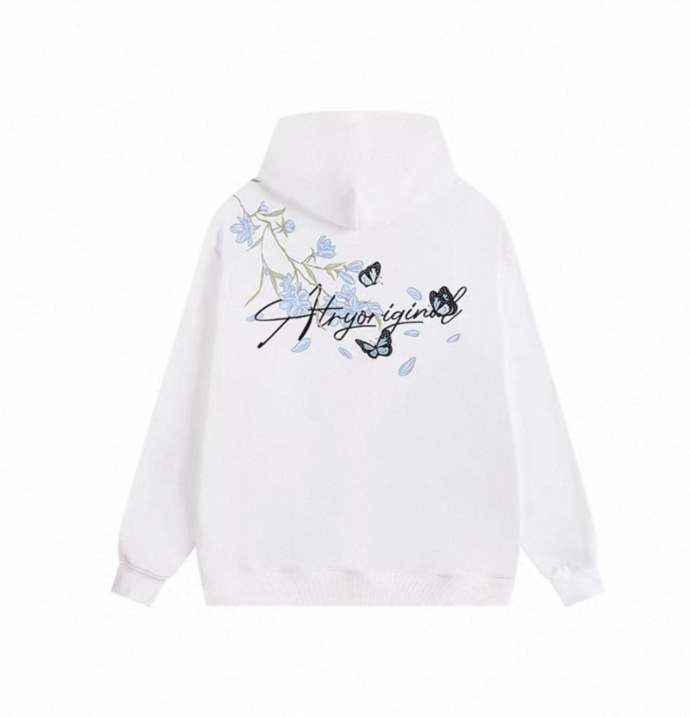 Men's White Light Luxury Hooded Sweatshirt - Autumn/Winter Style, Velvet Thickened, Loose Streetwear with Embroidery.