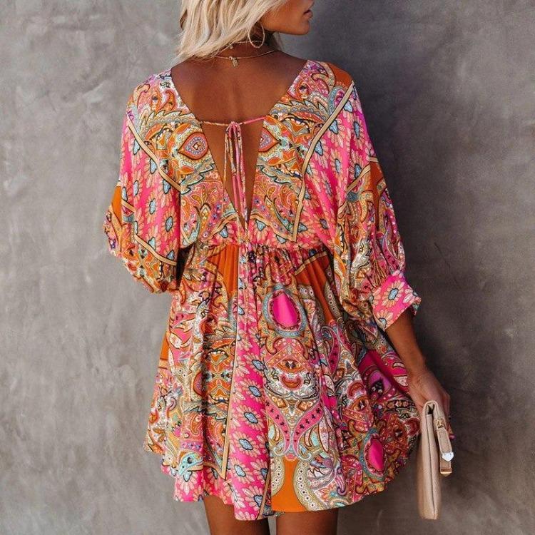 Elegantes A-Linien-Kleid mit Blumenprint und Rüschen für Damen Frühling Sommer Rückenfrei Schnürung Partykleid mit 3/4-Ärmeln Elastische Taille