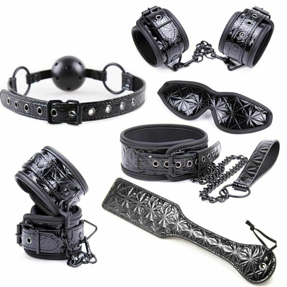 Red Black 6Pc Spanking Paddle Gag Cuffs Collar Blindfold  Kink Fetish Kit  Starter Kits