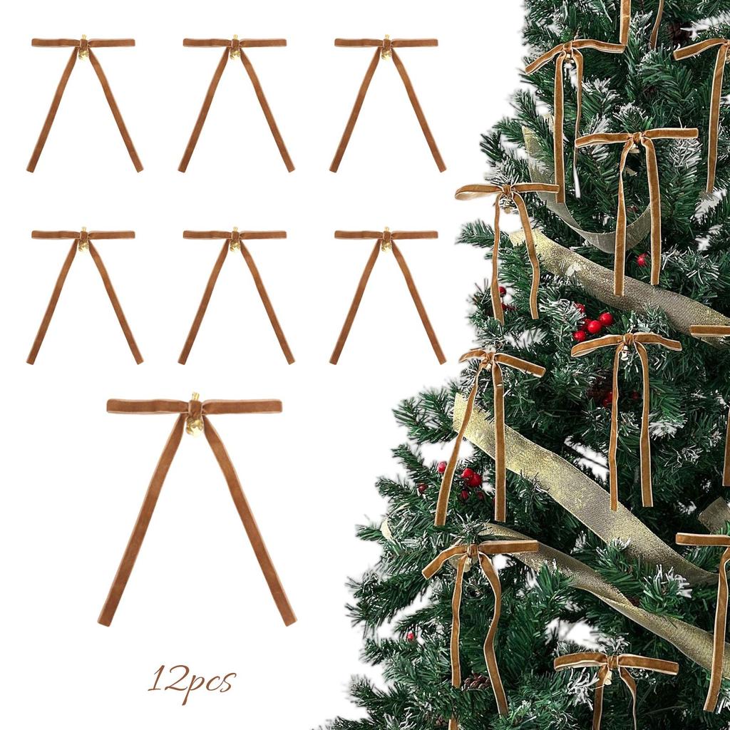 Velvet Bow With Bell Christmas Party Decoration,christmas Decorations, Velvet Ties For Christmas Tree –12pcs