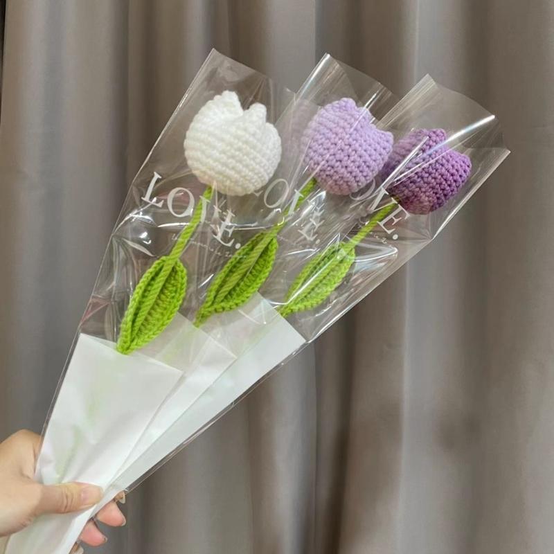 Crochet Tulip Flower Handwoven Flowers DIY Art Crafts Party Decoration for Wedding Birthday Party Background Decoration