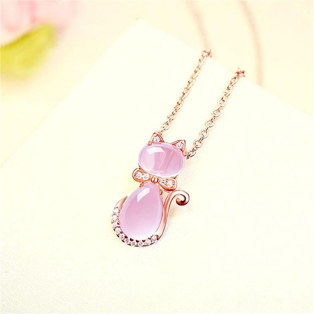 Natural Ice Pink Ross Quartz Cute Cat Crystal Pendant Trendy Gem Necklace for Woman Elegant Cham Girl's Party Gifts Jewelry