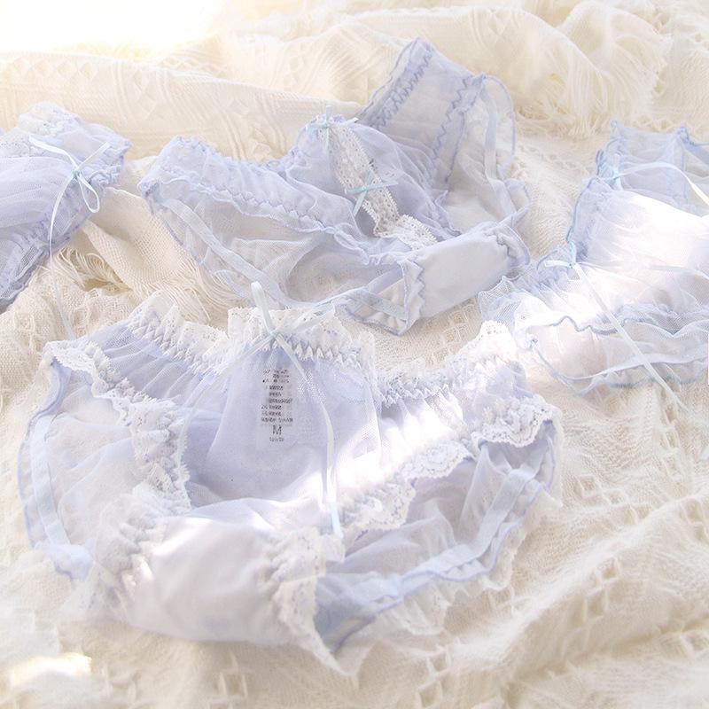 Blue Lace Bow Waist Mesh Briefs for Women - 620 Series