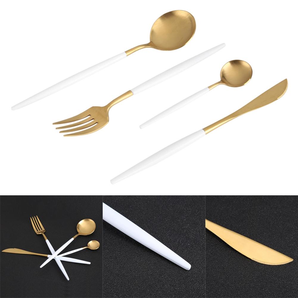 4Pcs Set Stainless Steel Colored Tableware Spoon Fork Knife Dinnerware Home Use White  Golden