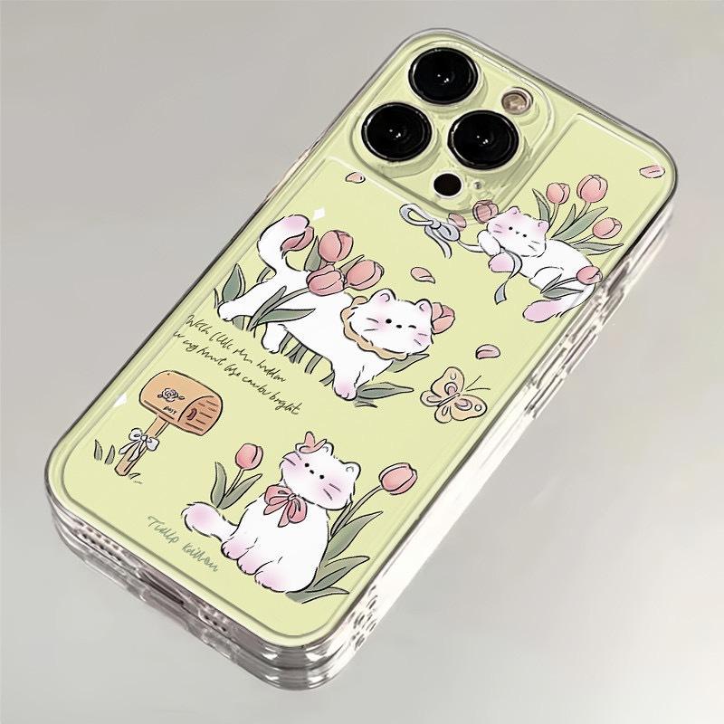 Tulip White Cat Mobile Phone Case All Inclusive for Apple 13/14PROMAX/15PRO/16PRO/14/15X