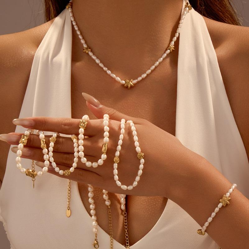 Stainless Steel Freshwater Pearl Necklace Bracelet Starfish Flower Beaded Necklace Set