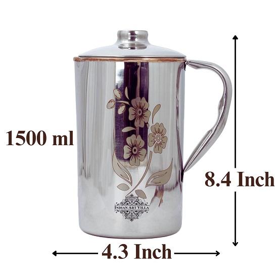 Krug aus Stahl und Kupfer mit Blumendesign und Deckel, zum Aufbewahren und Servieren von Wasser, gesundheitsfördernd, Volumen 1500 ml