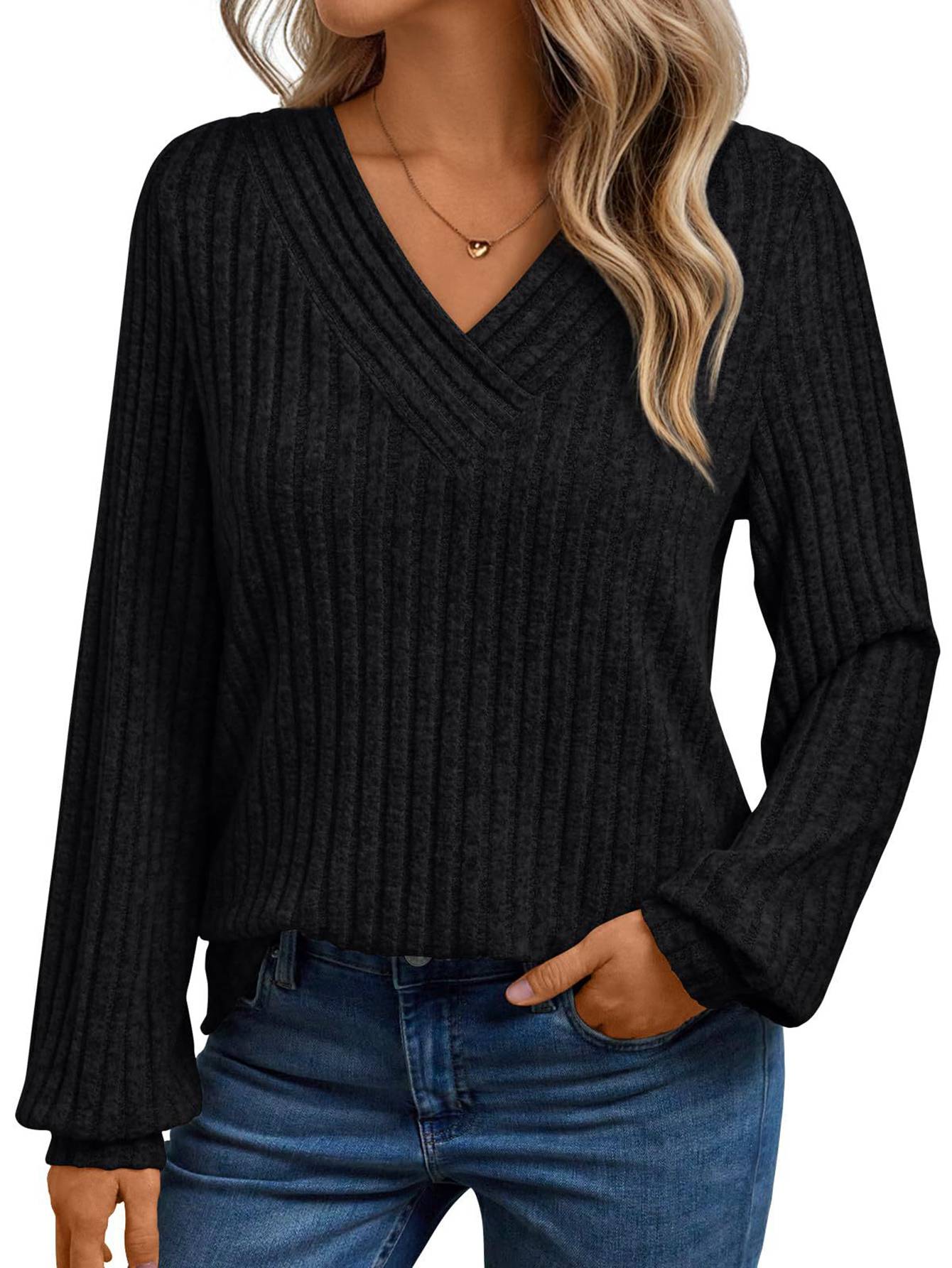 Women Casual V-neck Pullover Ribbed Loose Long Sleeve Top S