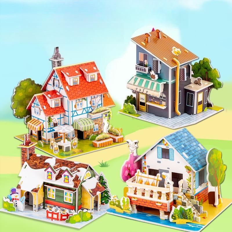 Paper 3d Three-dimensional Puzzle Cartoon Mini Building Cabin Model Children Handmade DIY Children's Assembly Card Toy Gift
