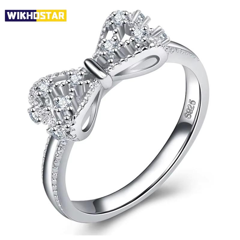 Sparkling 925 Sterling Silver Color Wedding Rings for Women Cubic Zircon Crystal Bowknot Fashion Engagement Ring
