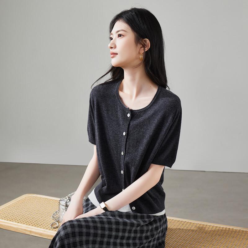 SOFSIL Retro Round Neck Short Sleeve Wool Knit Cardigan