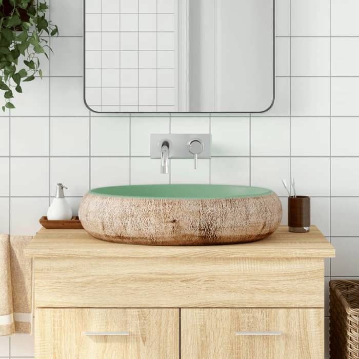 VidaXL Countertop Basin, Bathroom Sink with Drain Hole, Washbasin with Patterns Toilet Bathroom, Green and Brown 155077