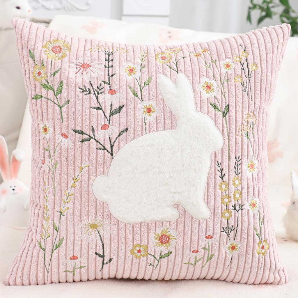 1 Pc Easter Decorative Pillow Cover Rabbit Corduroy Embroidery Plush Spring Summer Gift Living Room Sofa Home Decor