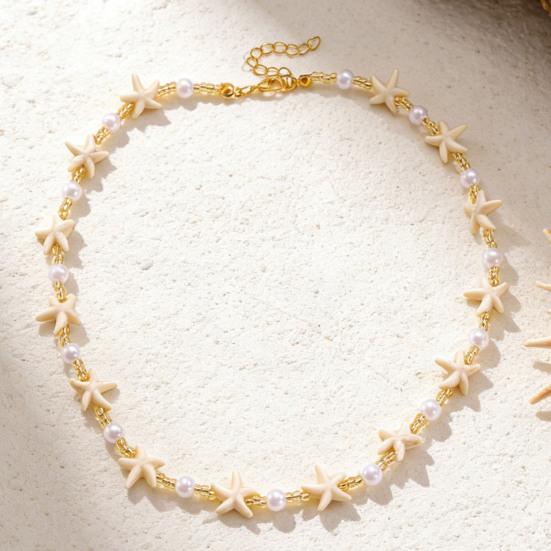 Colar Estrela-do-Mar Bohemia Pérola Falsa Leve Hipoalergênico Feminino Pingente de Concha Corrente Dourada Colar Joia de Pescoço Praia Oceânica