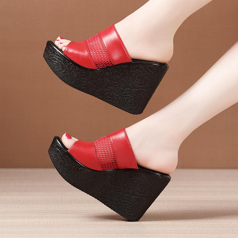 Fashion New Fish Mouth Cowhide Mesh Slippers Summer Women  Sandals Platform Wedges Slippers Increase Sandals Women Shoes Size 32-43
