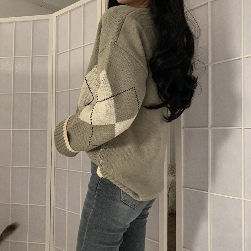 Pulovere Argyle pentru femeie, toamnă iarnă, pulovere cu mânecă lungă, cu gâtul în formă de O, largi, tricotate, topuri coreene, ocazional, vintage.