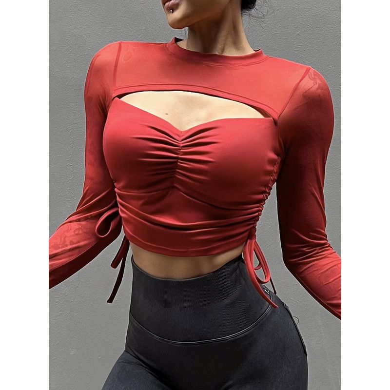

Rgnana European and American Sexy Sports and Fitness Running Long Sleeves Female Mesh See-through Yoga Jacket Casual Outdoor Quick-Drying Wine Red(With Chest Pad) L(Order One Size down)