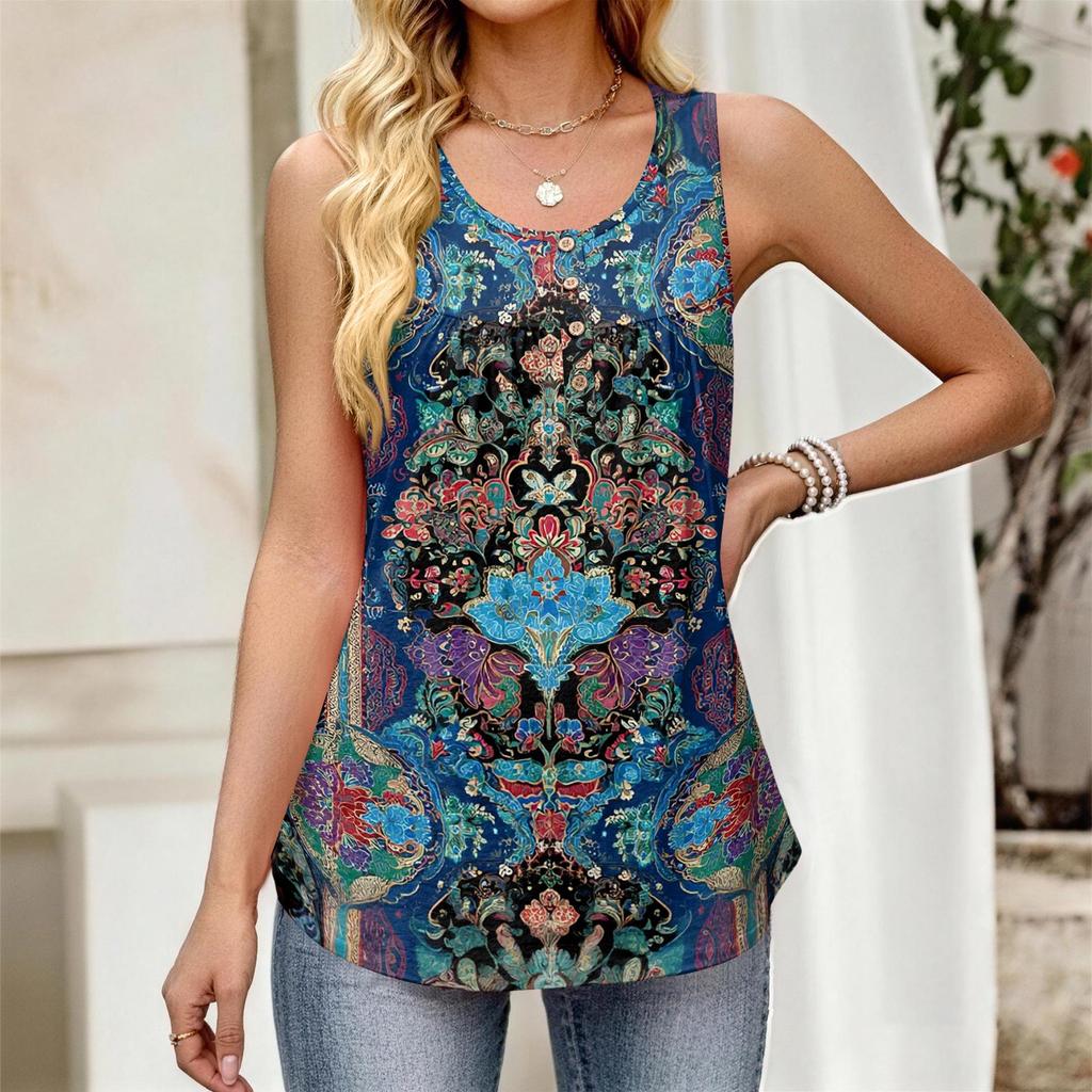 Canottiera da Donna Senza Maniche con Tessuto a Strisce Floreali, Bottoni Frontali, Scollo Rotondo, Vestibilità Larga, Canottiera Casual