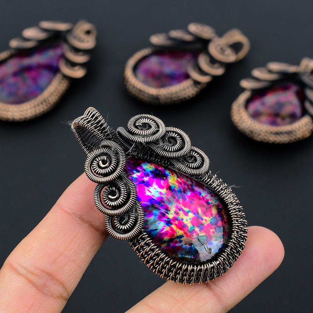 Multi Feuer Labradorit Handgefertigter Kupferdraht Wickelanhänger 2,56" w4U96