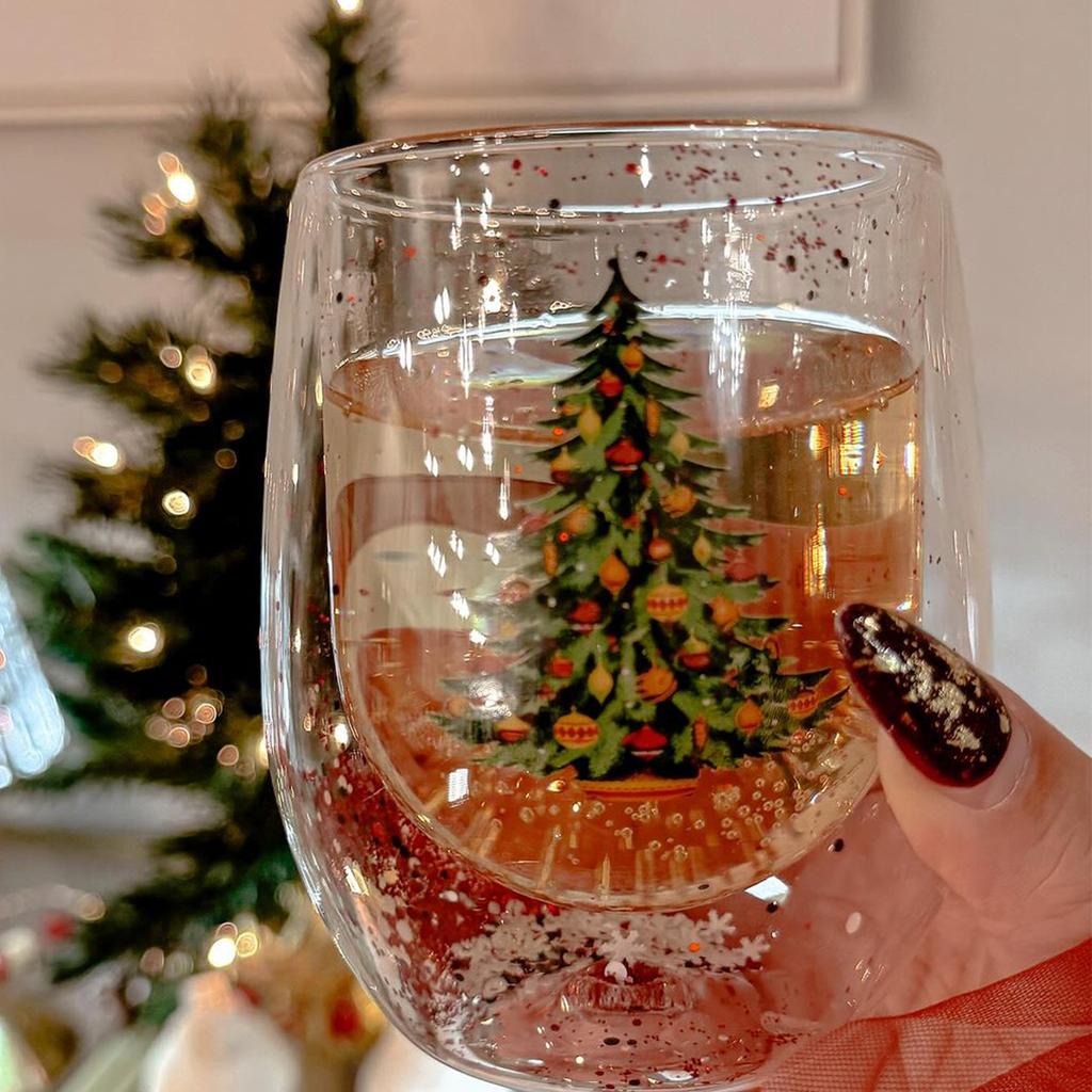 2 ks 10oz Bezkmenové sklenice na víno s vánočním stromkem: Třpytivé flitry, Dvojstěnná izolace | Slavnostní přípitky a sváteční veselí!