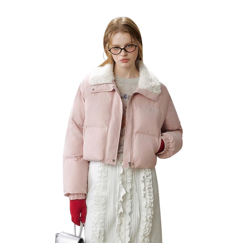 UNIFREE Women's Short Down Jacket with Lamb Wool Collar & Rhinestones