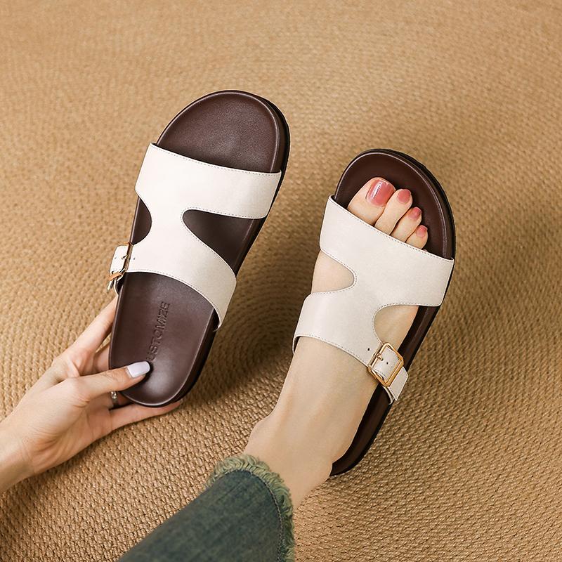 Fashion 2025 New Summer Women Sandals Genuine Leather Women Shoes Open Toe Med Heel Shoes Slippers Beach Modern Slippers Flat With