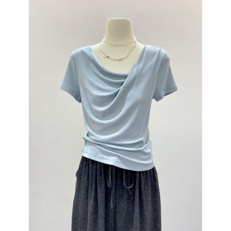 Women Sexy Waist Cinched Cowl Neck Off Shoulder Short Sleeve Cropped T Shirt Top S синий
