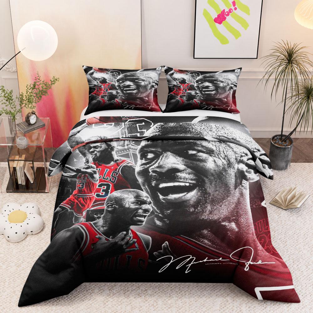 Classic Jordan Bulls Red Poster Red Duvet Cover with Pillowcases, Snug Bedding Set for All Seasons, Easy Care Duvet Cover Set