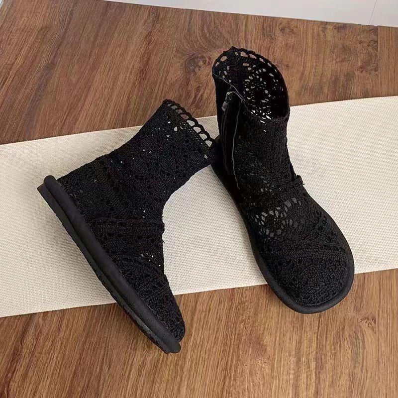 Fashion 2025 Woman Ankle Cool Boots Women's Knitted Cotton Hemp Hollow Mesh Sandals Ladies Comfortable Flat Bottom Soft Soled Shoes