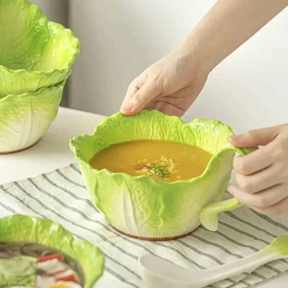 Creative Jade Cabbage Shaped Bowl With Handle Household Dining Ceramic High-capacity Soup Bowls Dormitory Microwavable Tableware