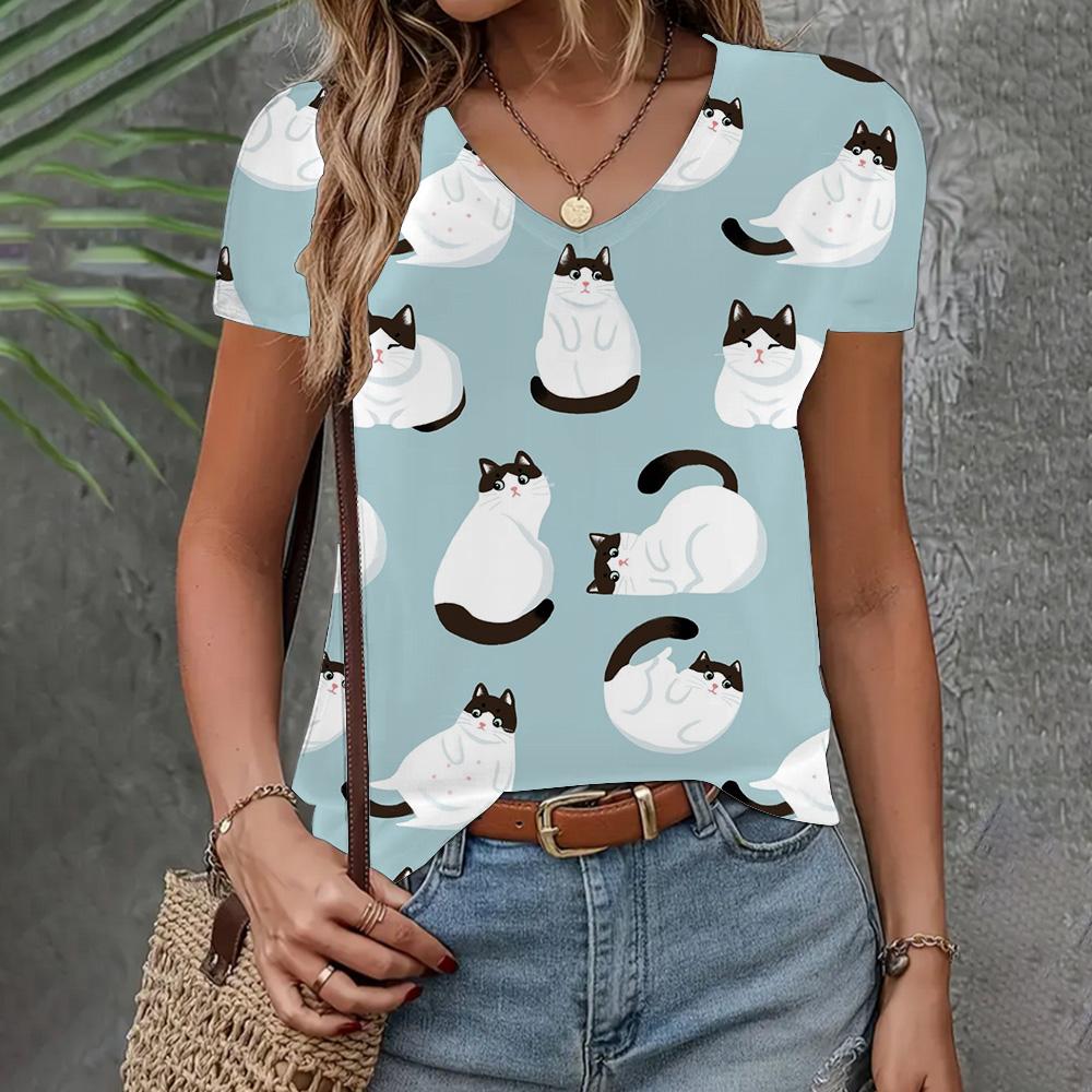 Women's T-shirt 3d Cat Print Short Sleeve Summer Fashion V-neck Top Loose Casual Half Sleeve Elegant Clothing Women's T-shirt