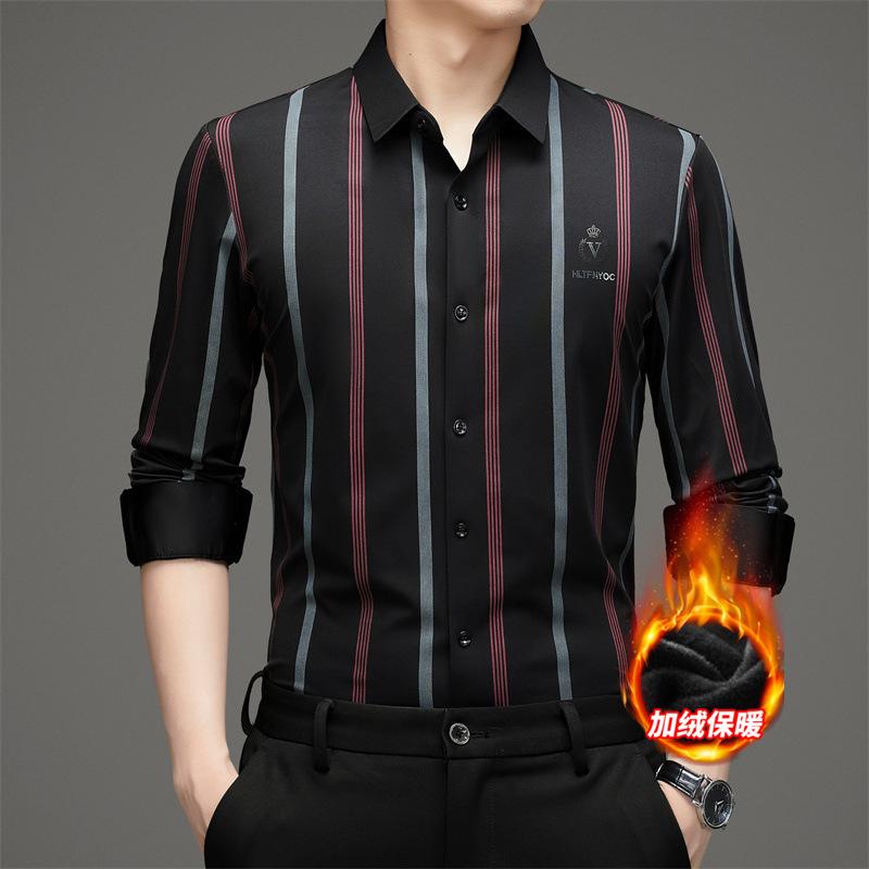 Men s Long Sleeve Striped Shirt Winter Lapel Collar Business Casual Fashion M