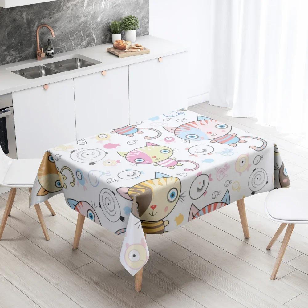 Home Decor Cartoon Cat Tablecloth Resistant Waterproof Table Decoration Rectangular Kitchen Fireplace Countertop