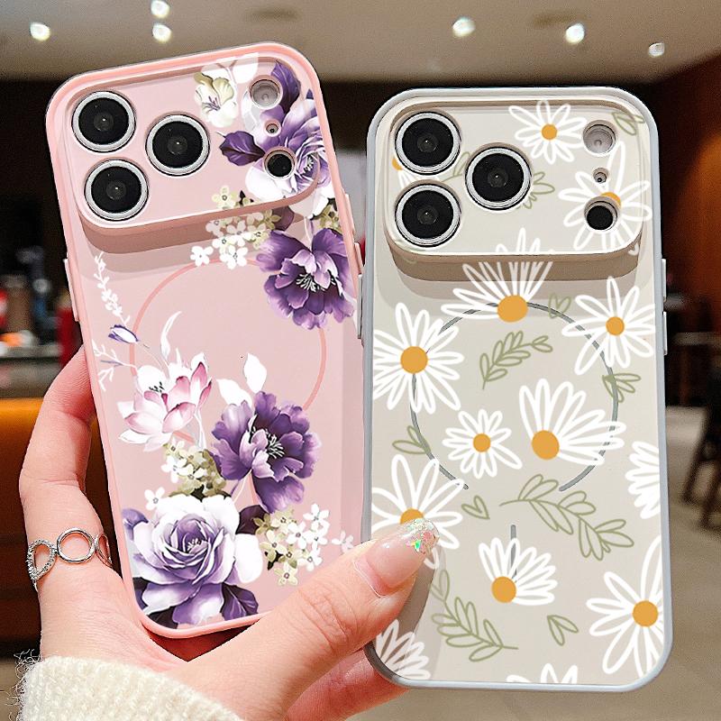 Cartoon Floral Pattern Case For iPhone 17 Pro Max Funda iPhone 16 15 14 13 Pro Max Magnetic For Magsafe Hybrid Slim Matte Cover Daisies Peach Blossom