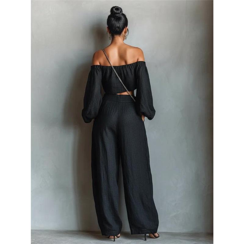 Damen 2-teiliges Outfit Off-Shoulder Puffärmel Crop Top Hohe Taille Weiter Bein Hose Leinen Passende Sets Lässiger Urlaubsanzug