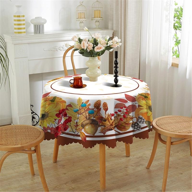 Table Cloth Autumn Leaves and Pumpkin Patterns Round Tablecloth 150cm for Thanksgiving Party Decoration