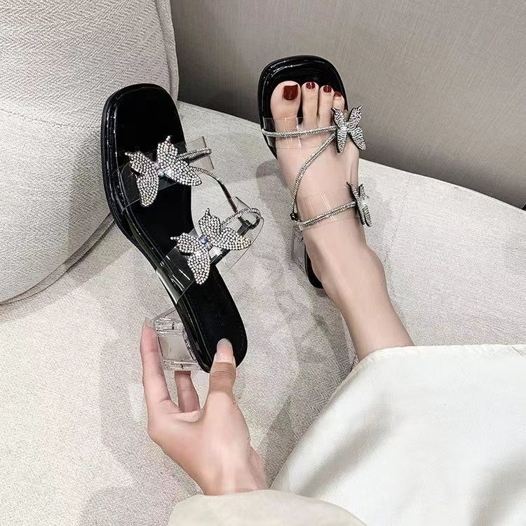 Transparent temperament cool slippers women's 2025 summer new beautiful with skirt high heel bow rhinestone fairy sandals